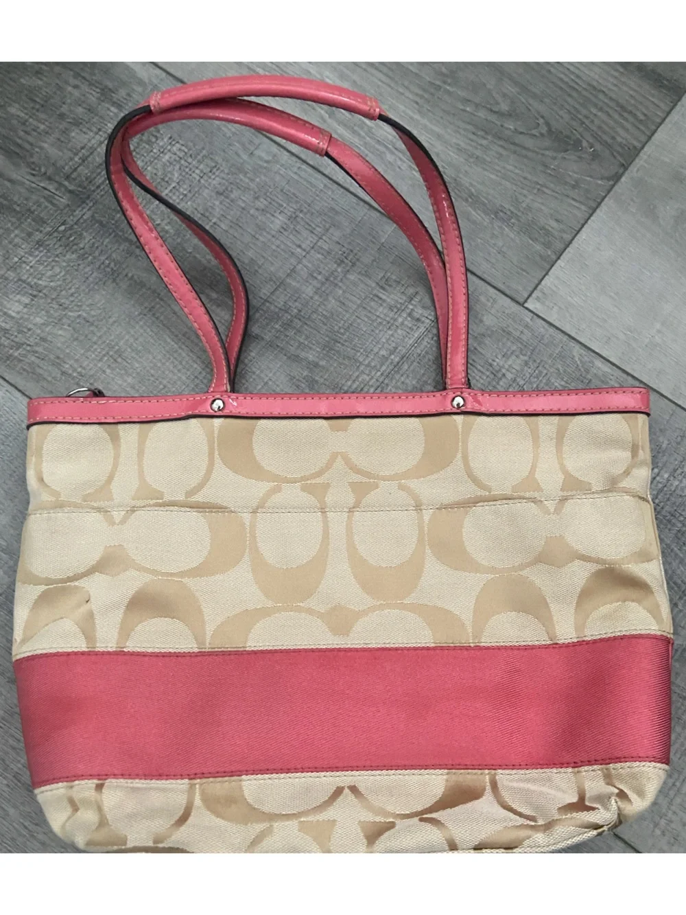 Coach Beige Signature Tote with Coral Pink Trim